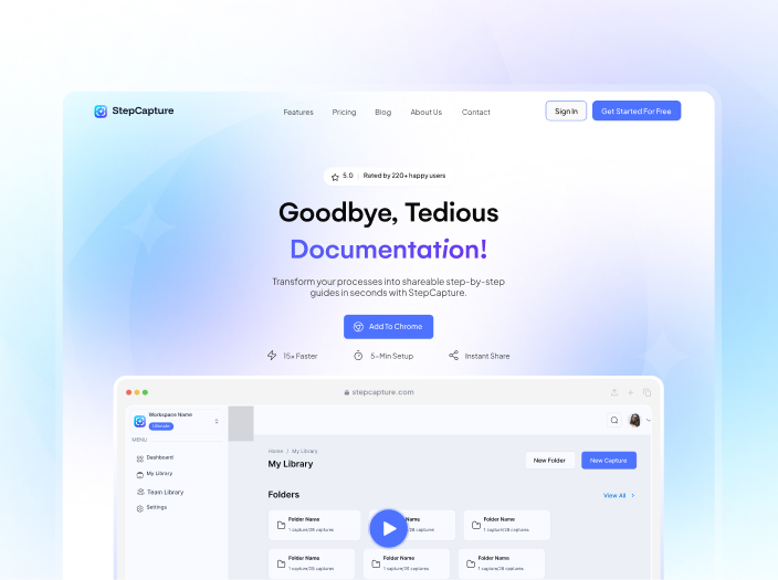 StepCapture website landing page with "Goodbye, Tedious Documentation!" and Chrome extension callout.