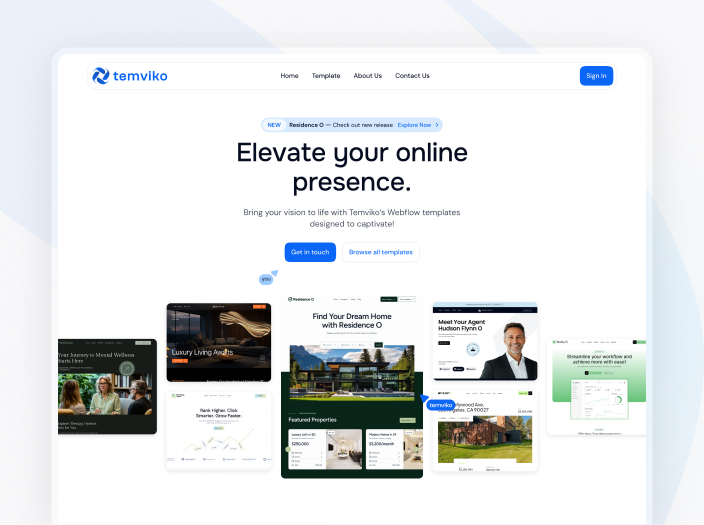 Website template showcasing various design examples and calls to action, including "Get in touch".