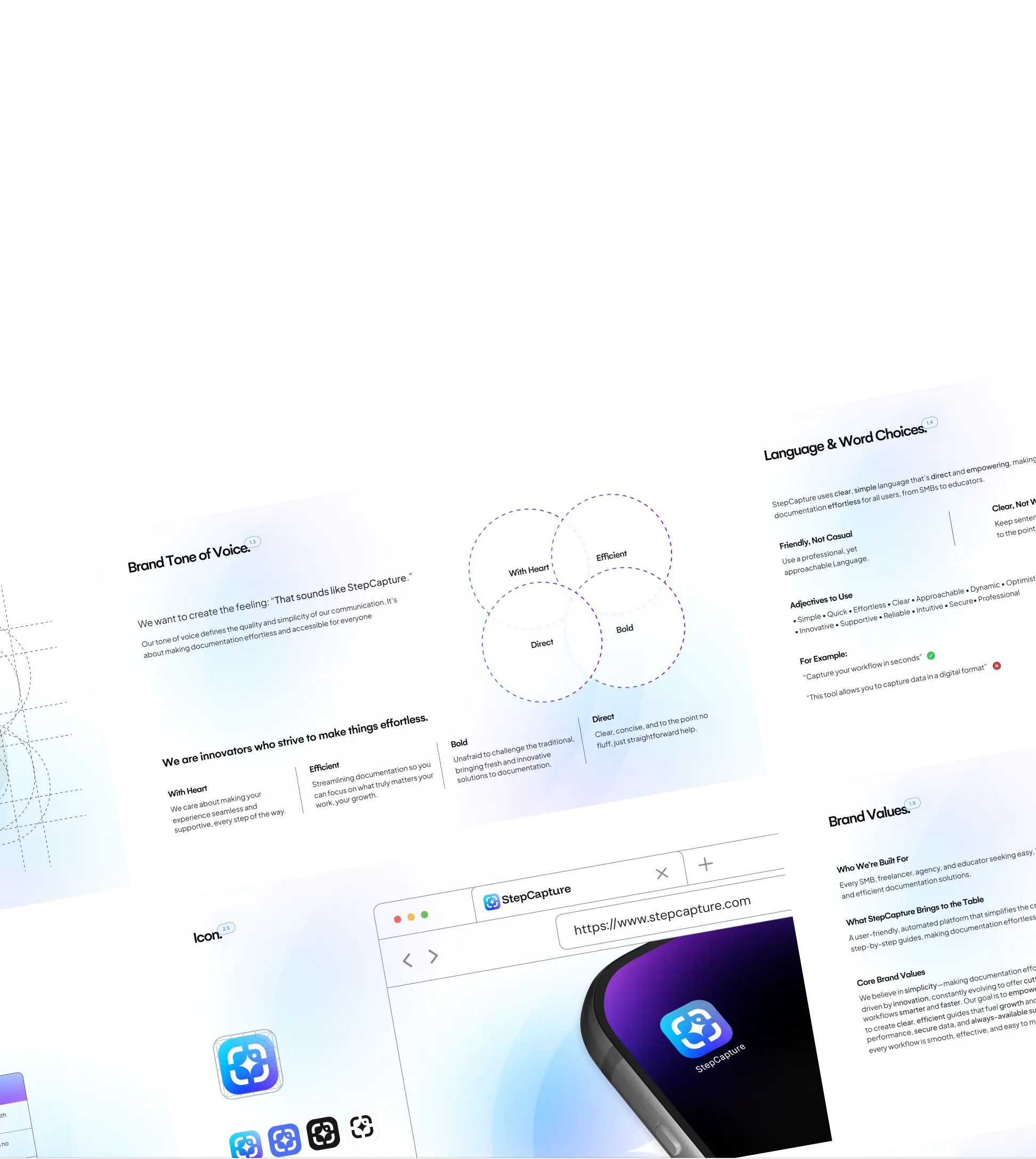 Brand card showcasing StepCapture's values: efficient, direct, bold, with heart. Website and app interface on display.