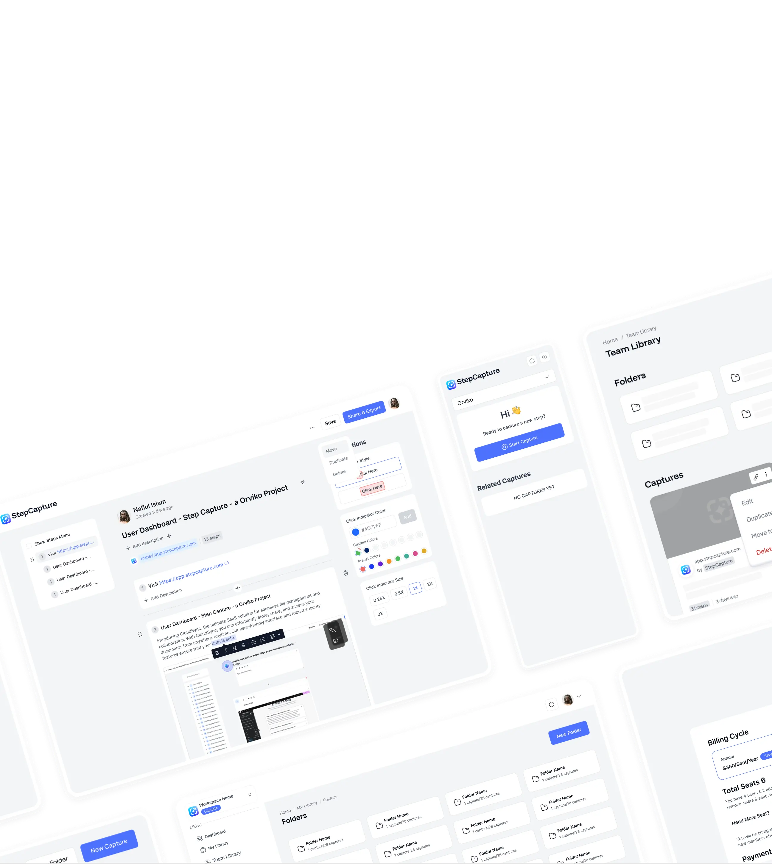 SaaS app interface screenshots showing dashboard, folders, capture options, and settings.