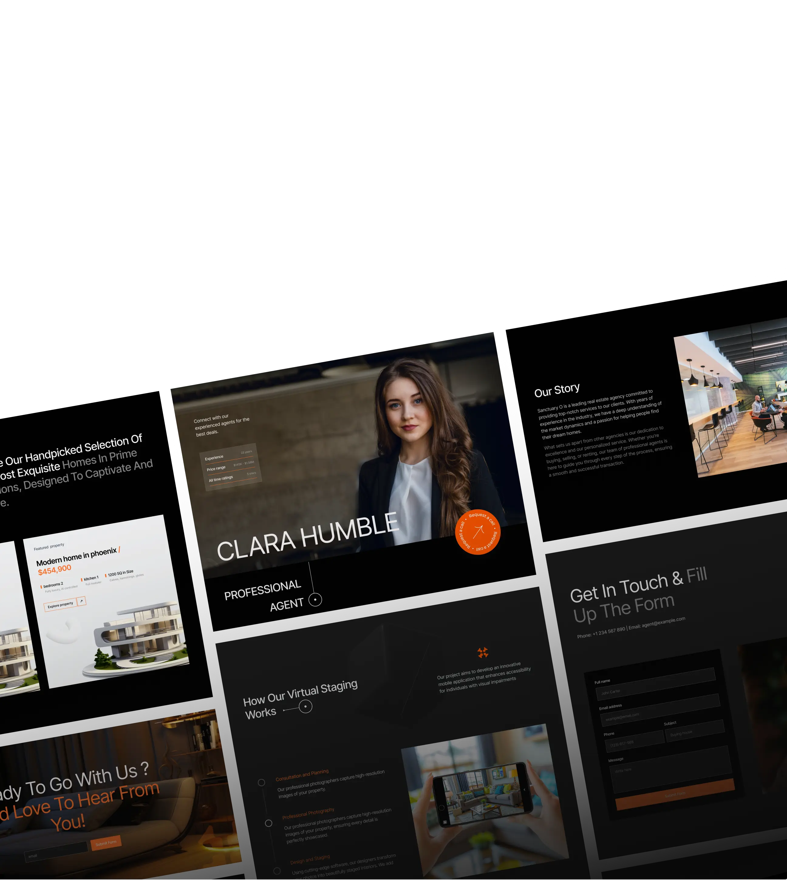 Real estate website design with agent Clara Humble, property details, and contact form.